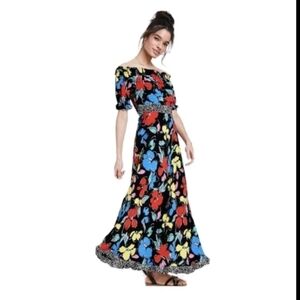RIXO Blue and Orange Ruffled Tiered Maxi Dress